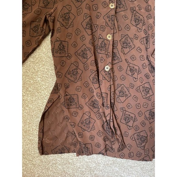 Vintage L. Bates Brown Floral Long Sleeve Button Up Tunic Shirt Sz L - Picture 3 of 7